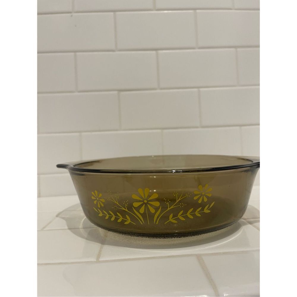 Vintage Corning Ware Smoked Brown Glass 8" Casserole Dish Gold Floral
